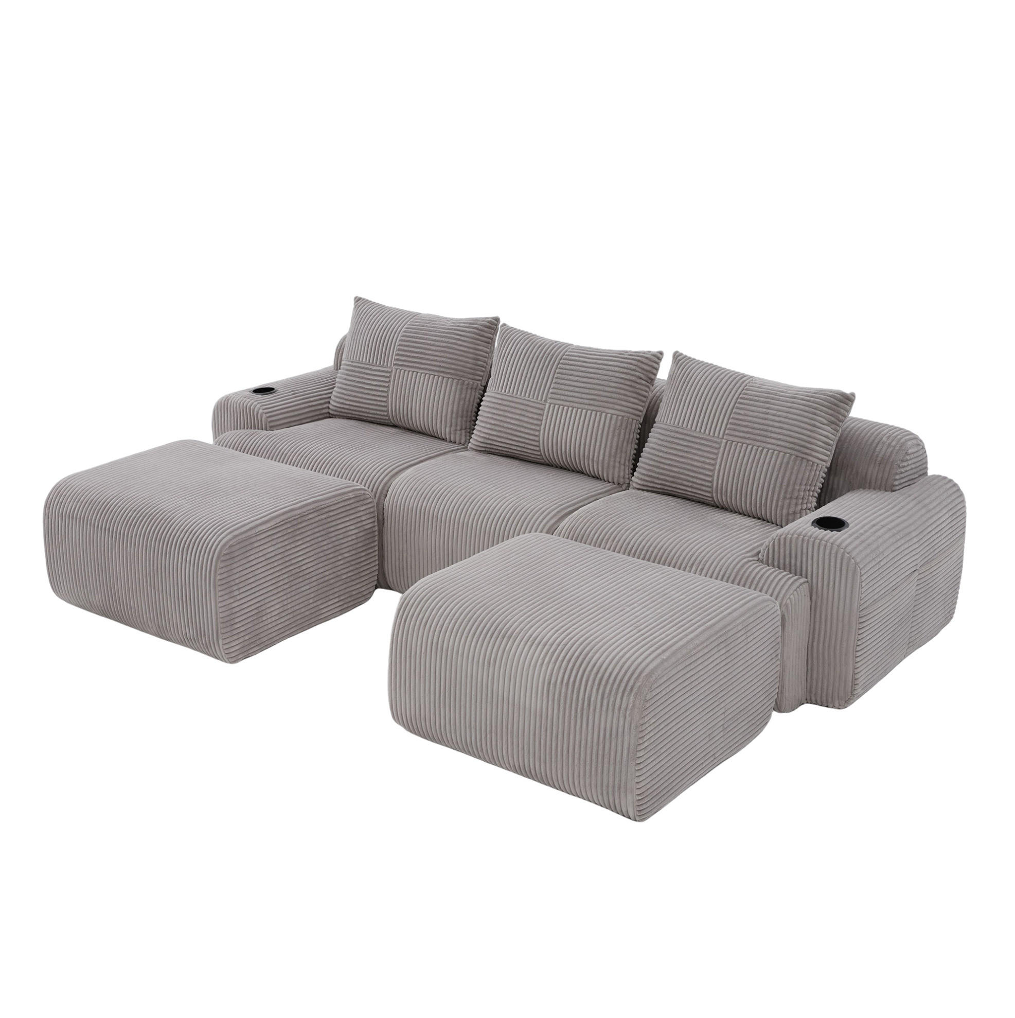 3-SITZER Wohnlandschaft Cord mit 2 Hockern und Getränkehalter 268/174/80 cm Hellgrau - Hellgrau, Textil (174/80/268cm) - Redom