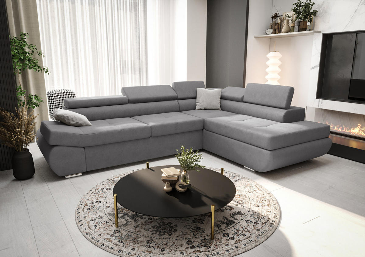 ECKSOFA KONGO RBN03, Eckcouch in L-Form mit Schlaffunktion, Farbe: Grau, Velourstoff, Ottomane Rechts - Grau, Textil (280/200cm) - O-Sofa
