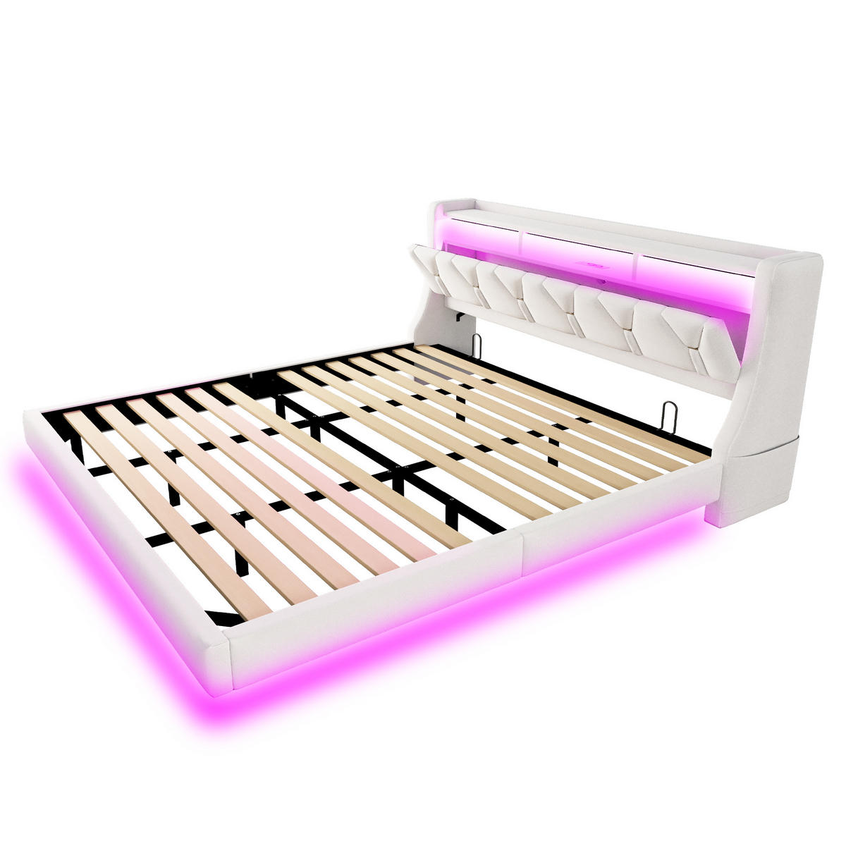 POLSTERBETT 180/200 cm in Beige mit LED, USB, Type-C und Ablage Samt - Beige, Holzwerkstoff/Textil (180/200cm) - STILVORA