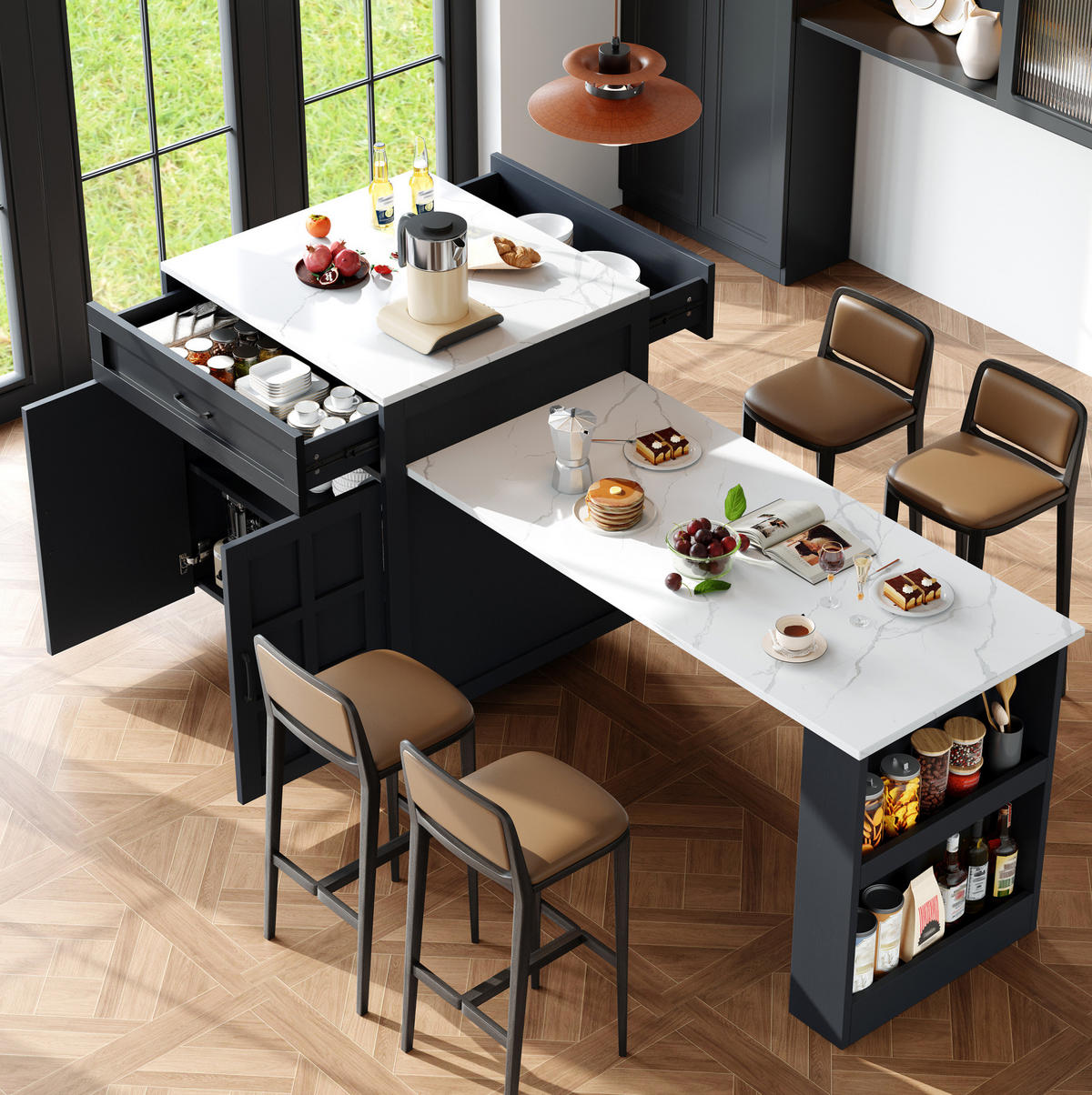 BARTISCH ausziehbar mit Stauraum 133-202 x 70 x 93,5 cm Schwarz - Schwarz, Holz (70/93.5/202cm) - Beauniv
