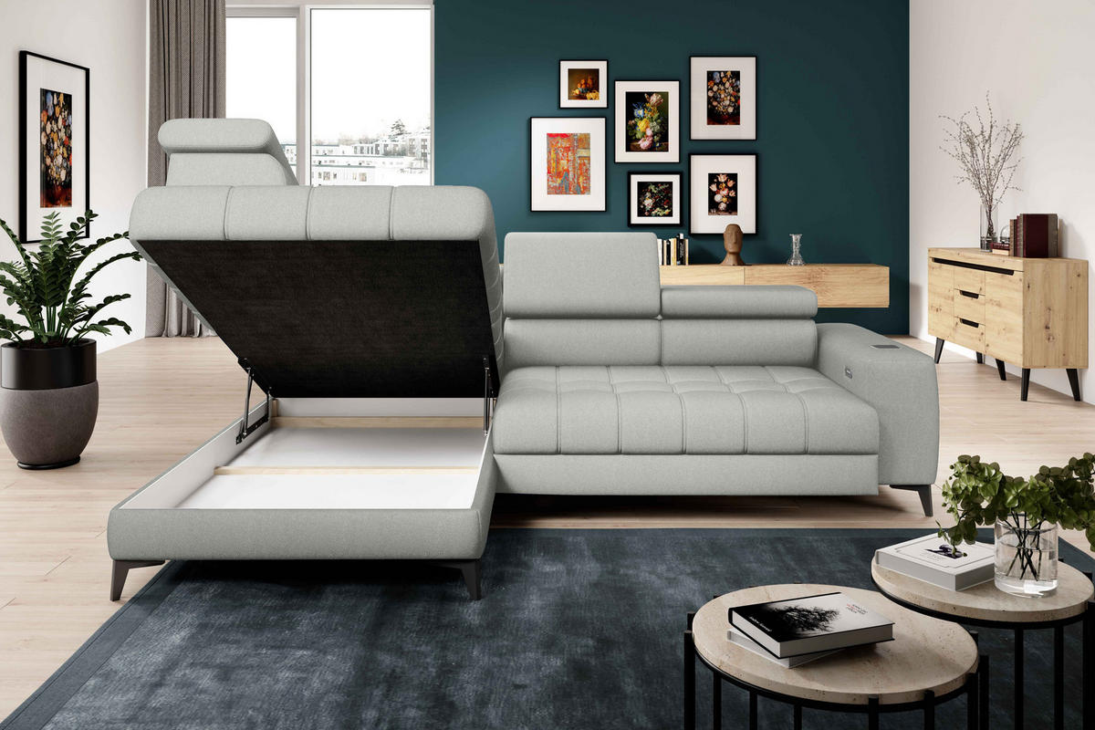 ECKSOFA BAGGIO Letto Stoff, Schlaffunktion, Bettkasten, Sitztiefe, Kopfstützen 280x196cm – Links – Esche - Silberfarben, Holz/Textil (196/280cm) - DomoHome