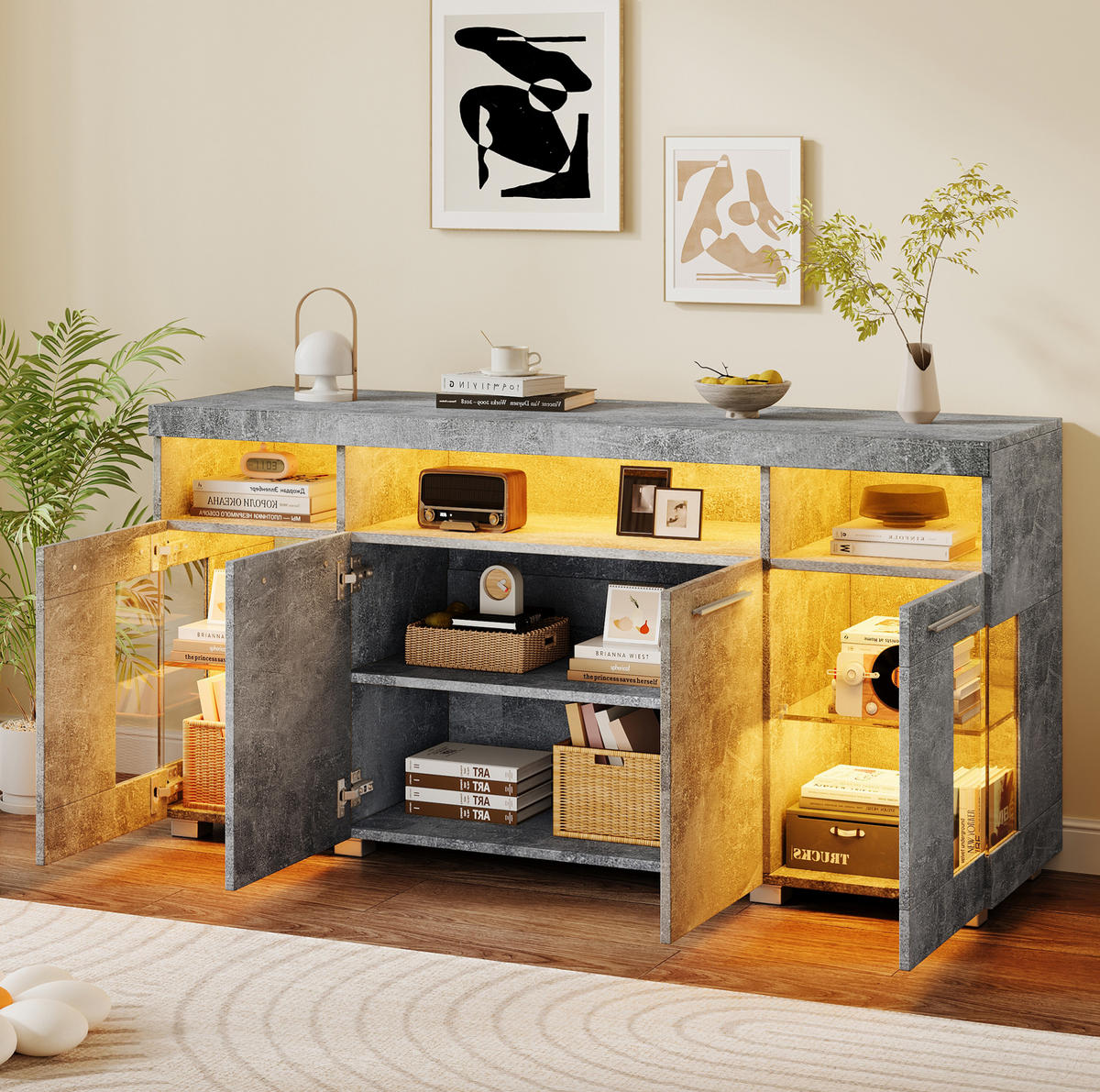 SIDEBOARD 140/40/70 cm in Zementgrau mit LED-Beleuchtung und Glastüren - Grau, Holzwerkstoff (140/70/40cm) - Flora Grace