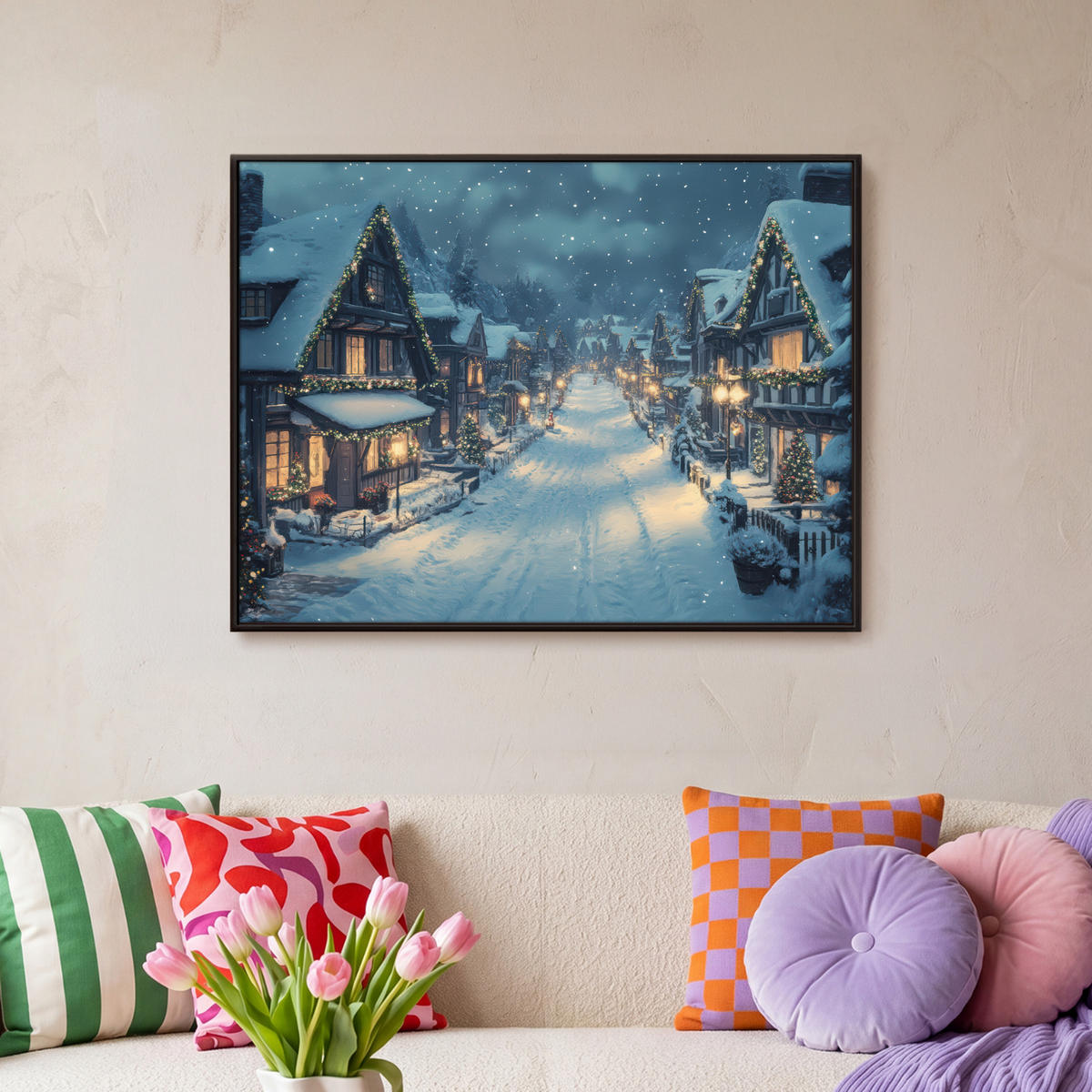 LEINWAND Bilder mit Rahmen - Weihnachtsdorf - Weihnachten - Schnee - Winter - 70x50 - Dunkelblau, Textil (70/50cm) - MuchoWow