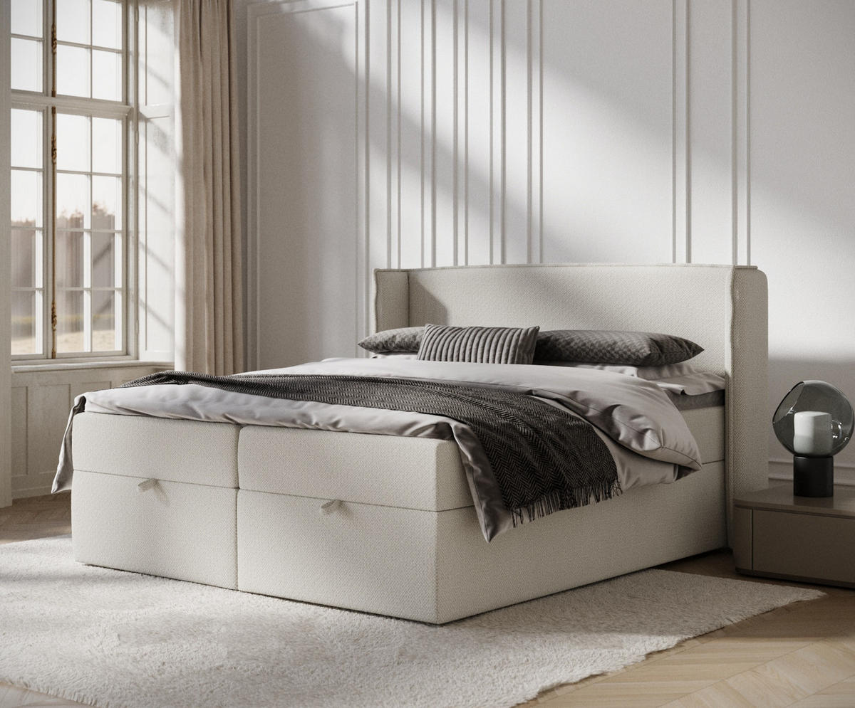 BOXBETT Passion Beige 160/200 cm mit Matratze und Topper - Beige/Schwarz, Holz/Holzwerkstoff (160/200cm) - Maison de Reve