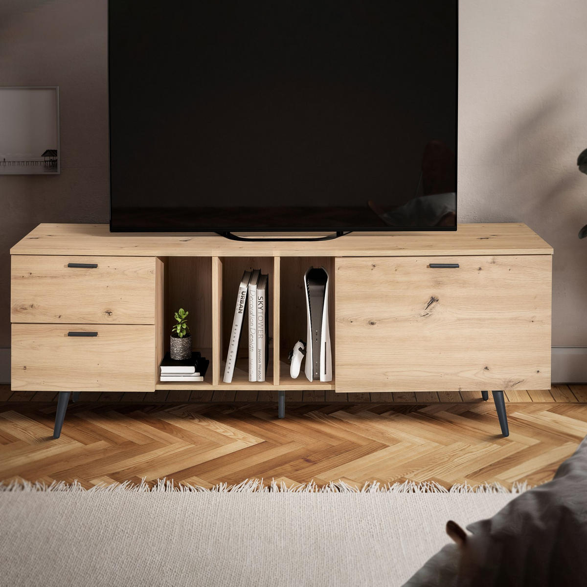 TV-LOWBOARD mit Eiche-Dekor, Tür und Schubladen, kompakte Aufteilung, Braun 150x40x55 cm - Schwarz/Braun, Holzwerkstoff/Metall (150/55/40cm) - KADIMA DESIGN