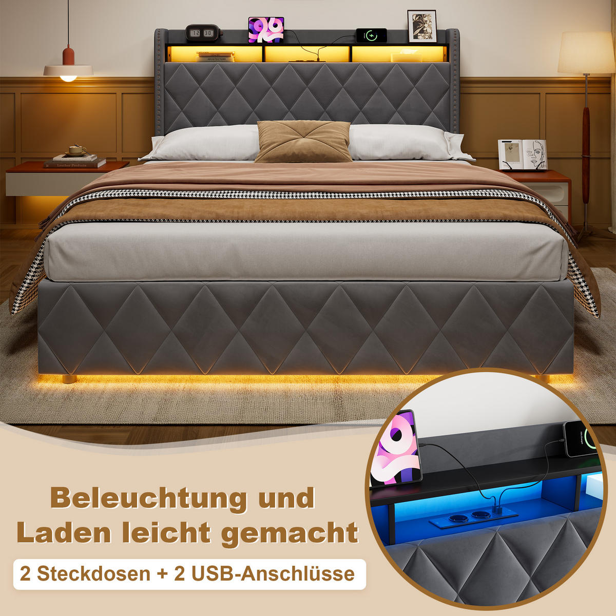 POLSTERBETT 160/200 cm Dunkelgrau mit LED & USB - Dunkelgrau, Textil (160/200cm) - Flora Grace