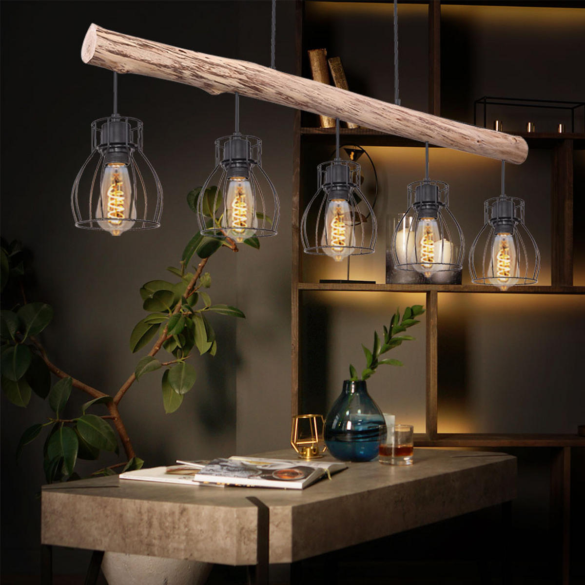 HÄNGELEUCHTE Käfig Holz Schwarz - Schwarz, Holz (100/13.6/140cm) - Globo Lighting