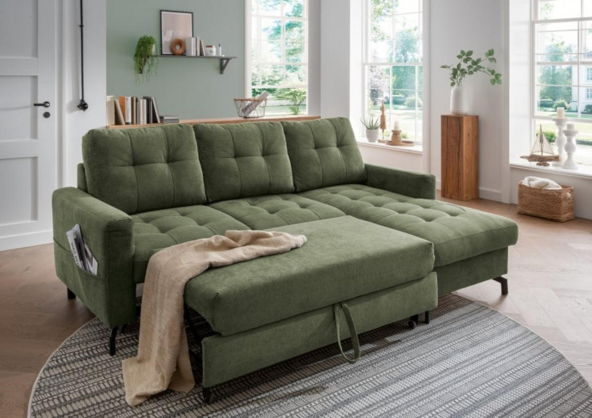 ECKSOFA mit Schlaffunktion und Bettkasten, Luxus-Mikrofaser - Dunkelgrün/Schwarz, Textil/Metall (150/230cm) - myHomelando
