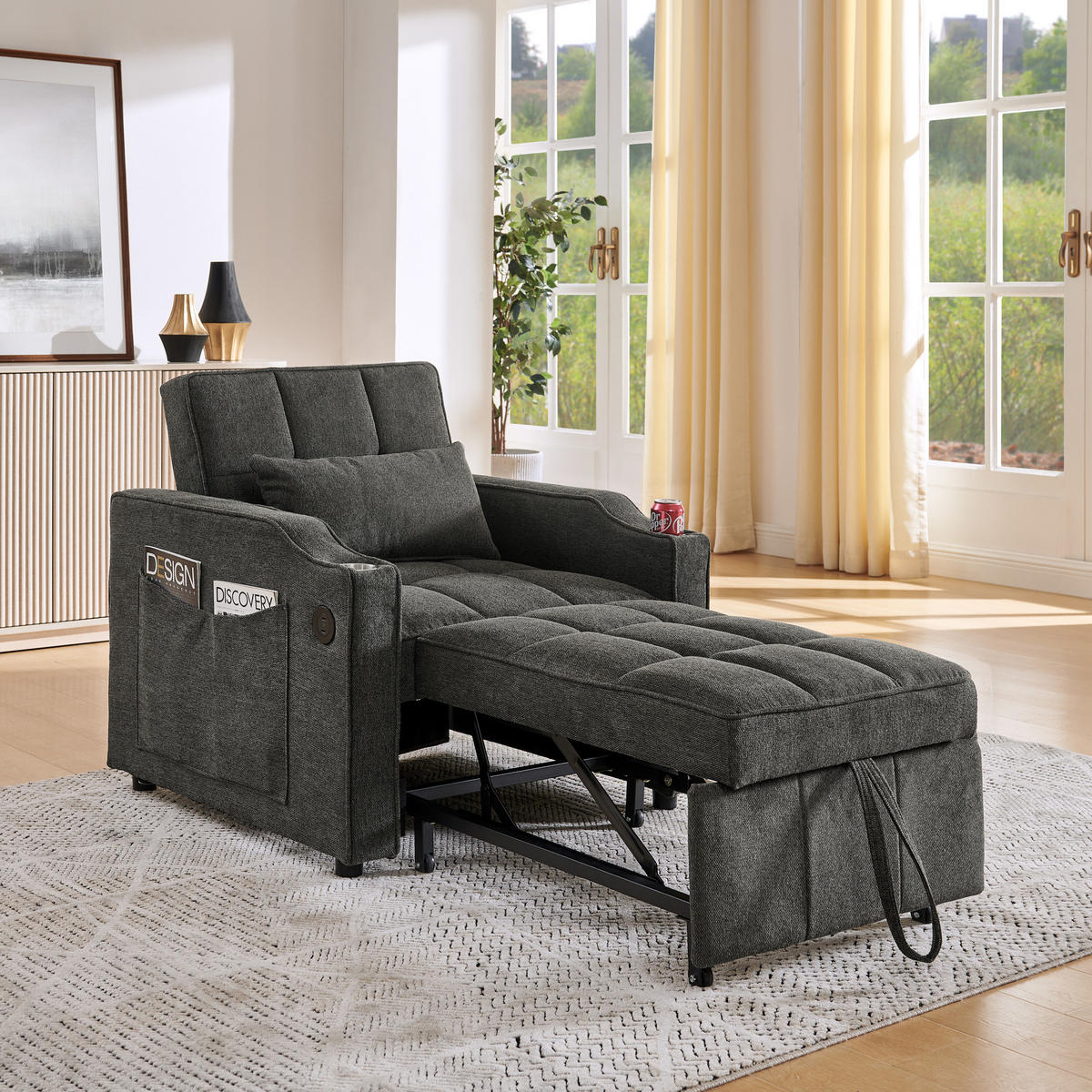 SCHLAFSESSEL 3-in-1 mit Bettfunktion 190 cm Stoff Dunkelgrau - Dunkelgrau, Holz (85/86/190cm) - Meubliv