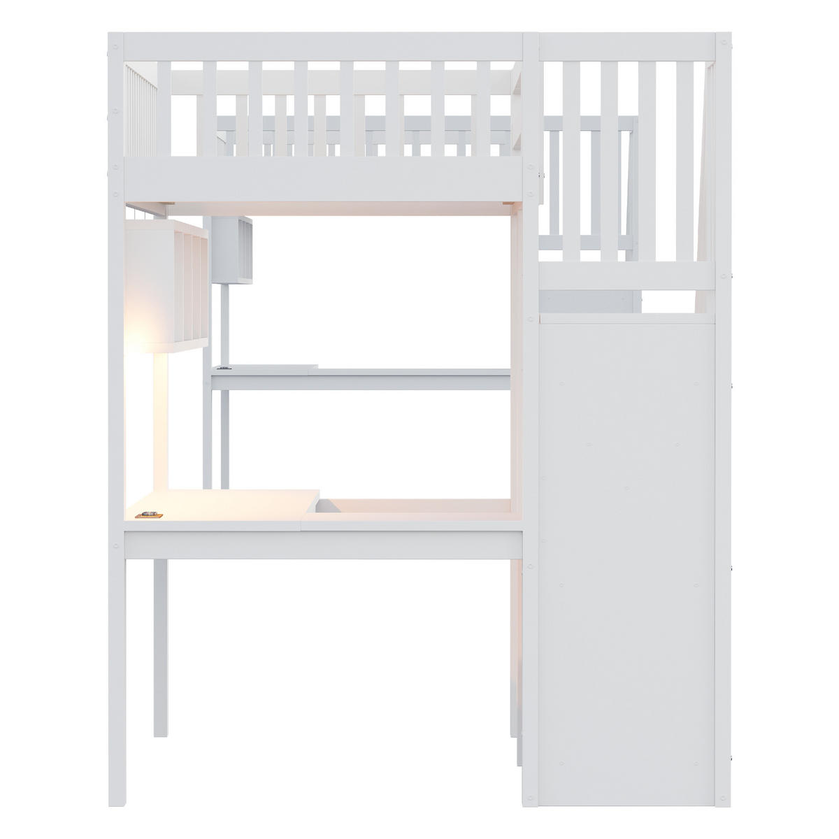 HOCHBETT 90/200 cm DE-01497, in Weiß, mit Aufbewahrungstreppe, Schreibtisch und LED-Licht - Weiß, Holz (90/200cm) - ComfortXL