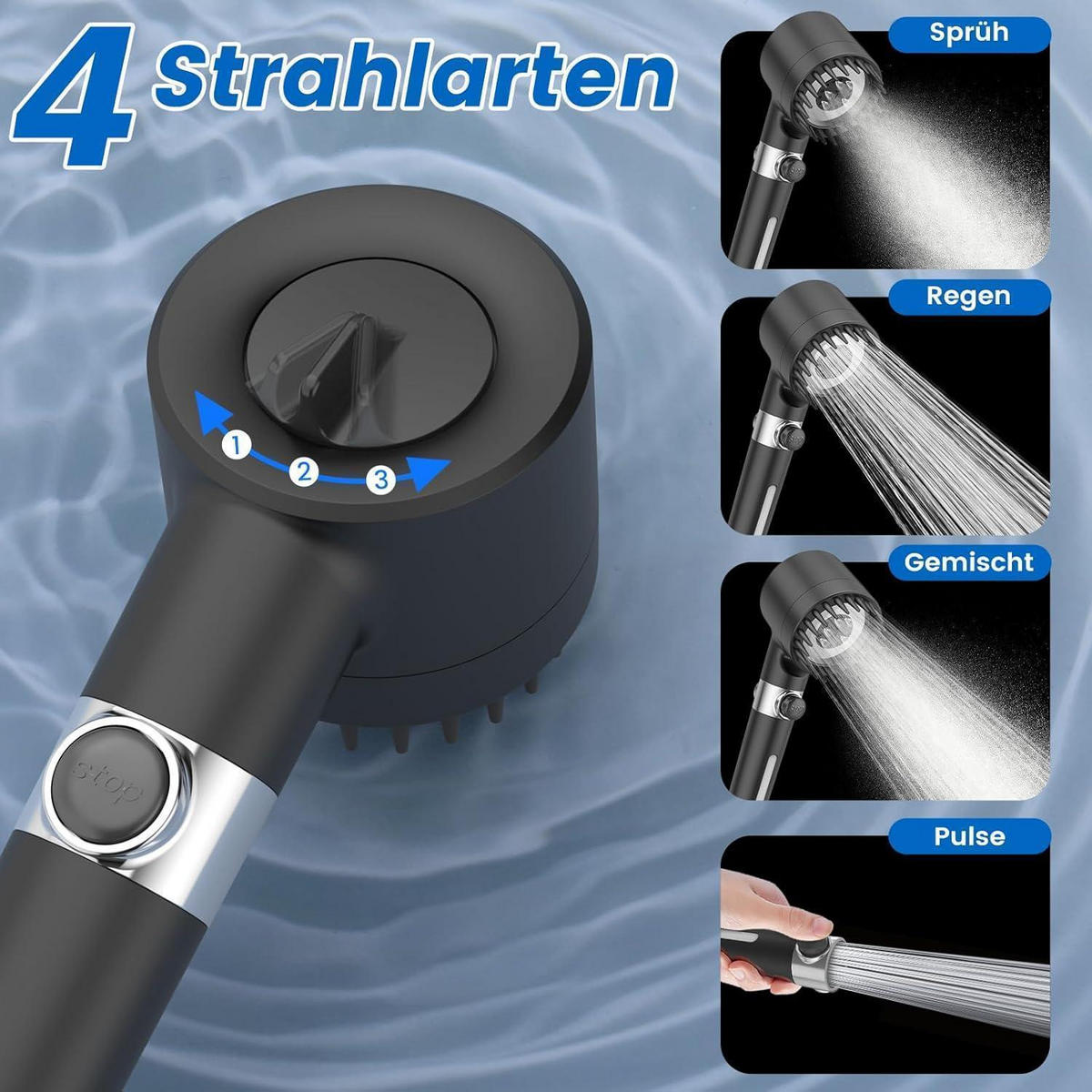 HANDBRAUSE mit Filter Schwarz 1,5 m Schlauch 4 Sprühmodi - Schwarz, Kunststoff (12.7/12.7/29cm)