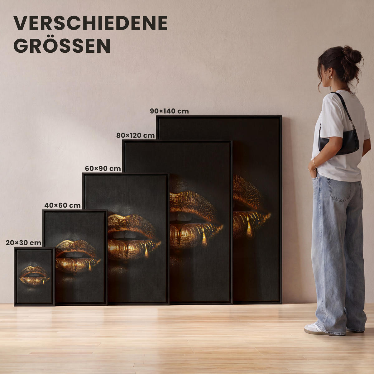 LEINWAND Bilder mit Rahmen - Frau - Porträt - Lippen - Gold - Schwarz - 60x90 - Schwarz, Textil (60/90cm) - MuchoWow
