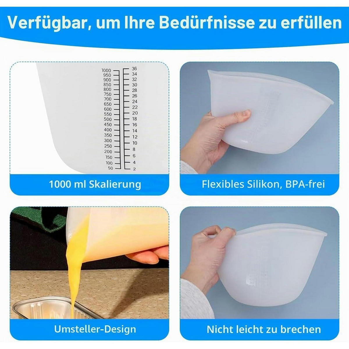 MESSBECHER 4-teiliges Set Silikon 1000/600/250/100 ml - Weiß, Kunststoff (1L)