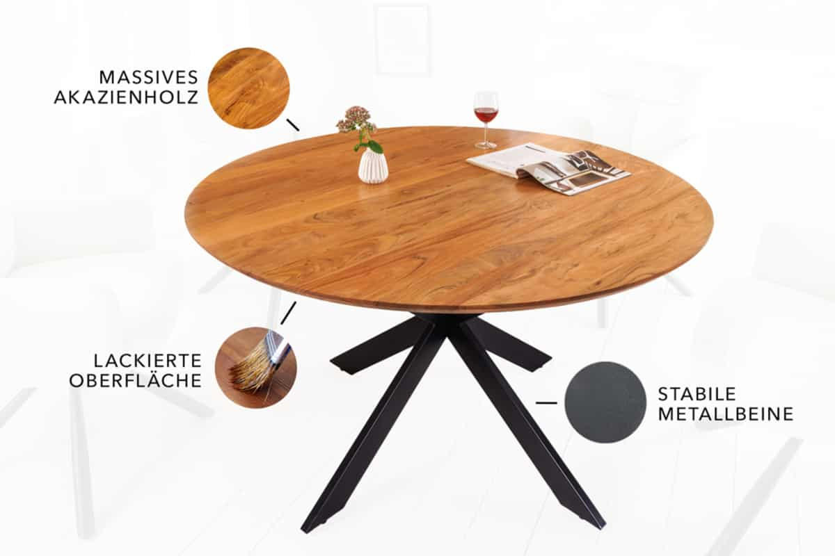 ESSTISCH GALAXIE rund Akazie Natur|Schwarz 130cm - Schwarz/Braun, Holz/Metall (130/130/77cm) - riess-ambiente