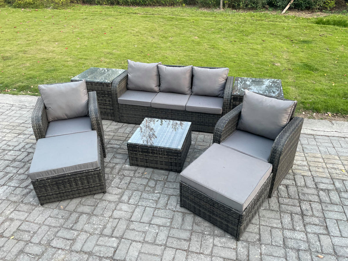 GARTENMÖBELGARNITUR mit KISSEN Polyrattan Dunkelgrau 7-Sitzer - Dunkelgrau/Grau, Glas/Kunststoff - Fimous