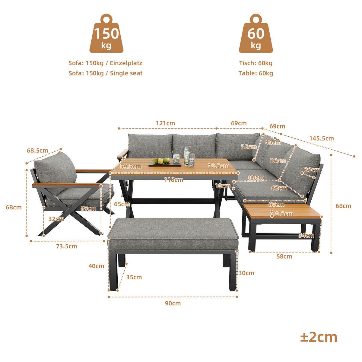 GARTENSETS aus Eisen Grau mit modularer Sitzgruppe im X-Design - Grau, Metall - Modfu