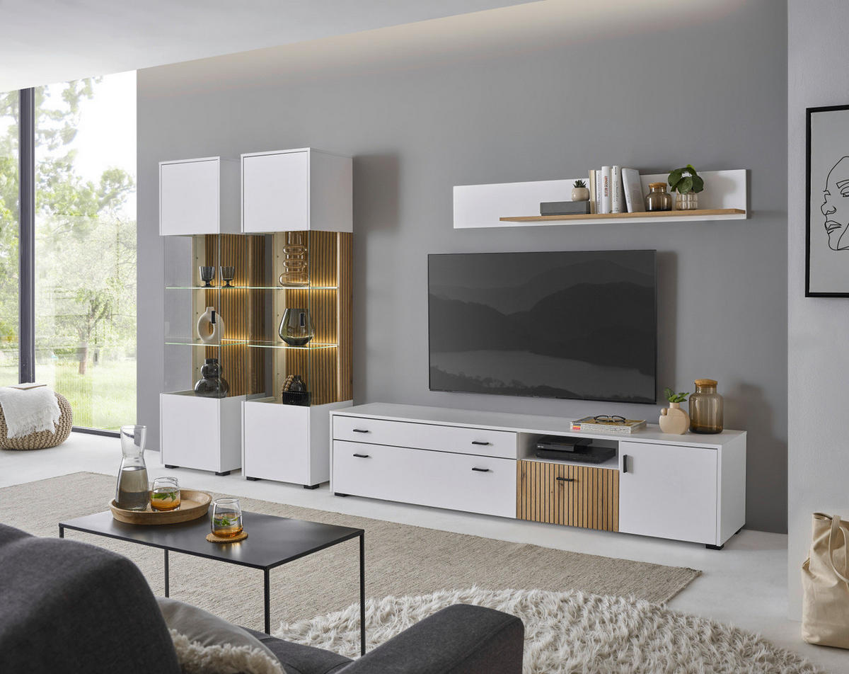 WOHNWAND 4-teilig matt weiß, Eiche 316 x 180 cm, Wohnkombination mit 2 x Vitrine und Soft-Close - Eichefarben/Schwarz, Glas/Holzwerkstoff (316/180/42cm) - Furn.Design