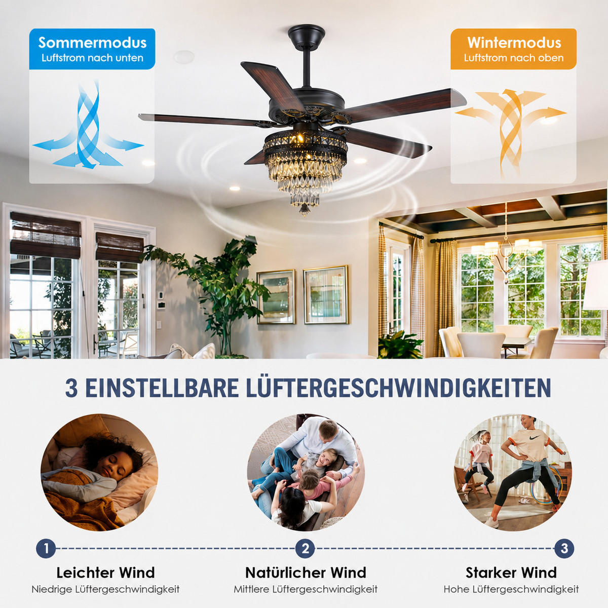 DECKENVENTILATOR Schwarz 132 cm mit Kristallleuchte und Fernbedienung - Schwarz, Metall (157.5/157.5/64.5cm) - Surtime