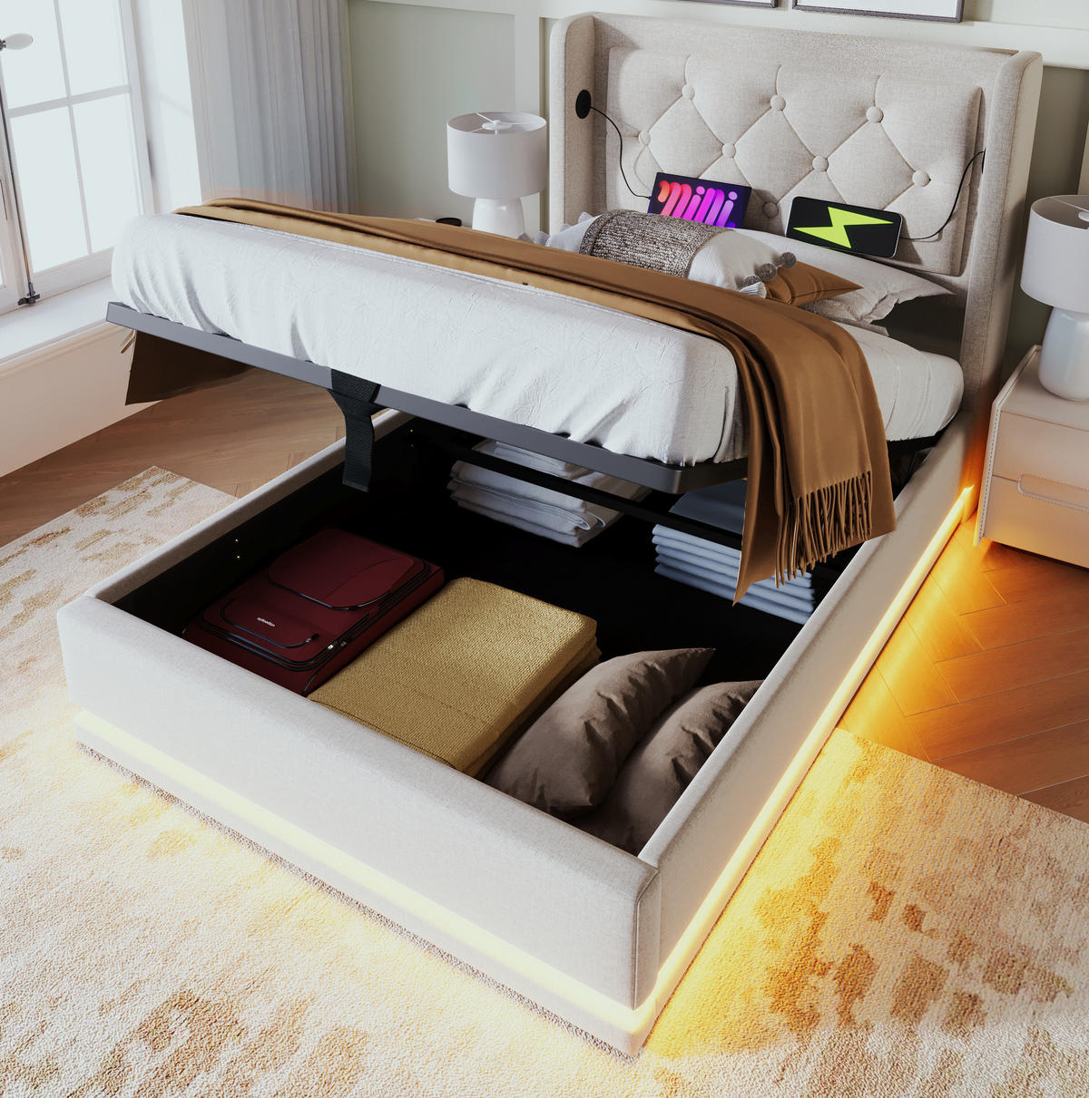 POLSTERBETT 90/200 cm Beige mit Stauraum, LED-Beleuchtung und USB-/Type-C-Anschlüssen - Beige, Textil (90/200cm) - Flora Grace