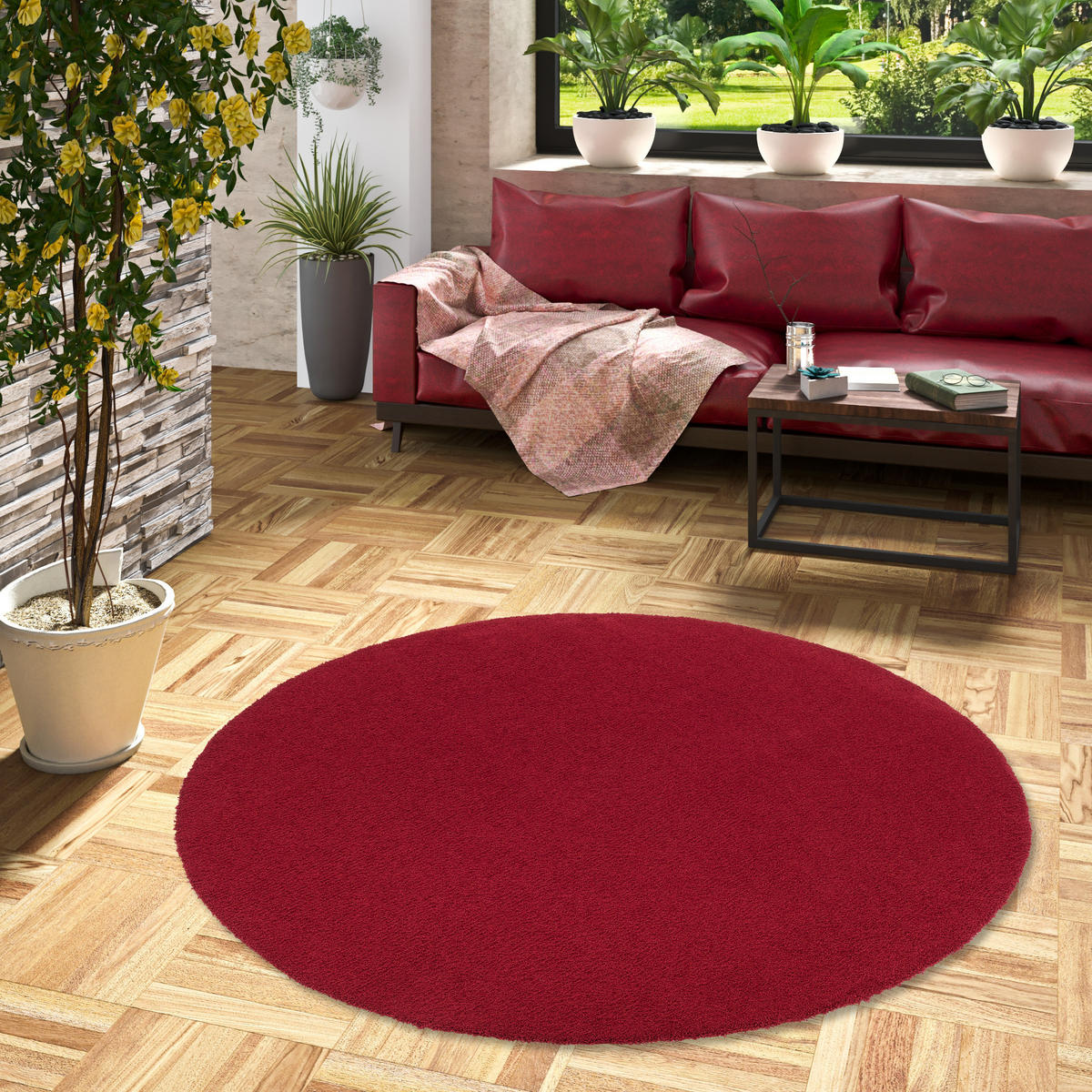 LUXUS HOCHFLOR SHAGGY TEPPICH VELVET RUND - Weinrot, Textil (100/100cm) - Snapstyle