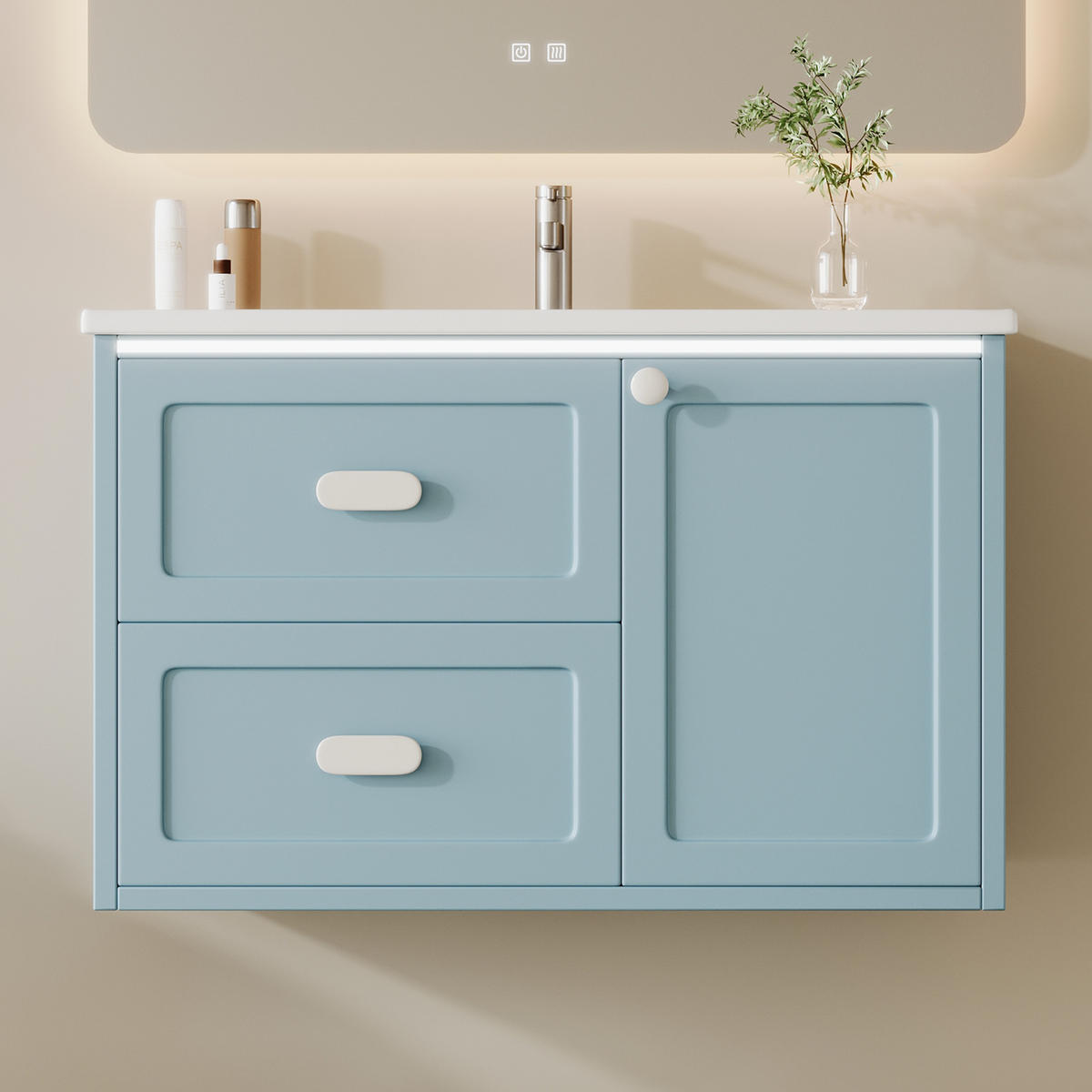WASCHTISCHKOMBI 76/46/51 cm in Blau mit LED-Beleuchtung und 2 Schubladen - Blau, Holzwerkstoff (76/51/46cm) - BEAOK