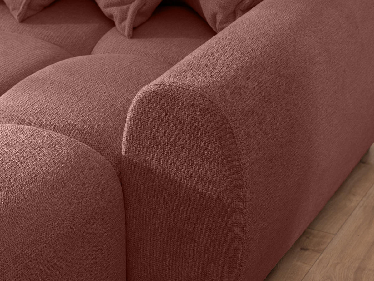 ECKSOFA Bubble mit losen Rückenkissen und Sitzfläche in Bubble-Optik aus weichem Terrakotta Strukturstoff mit schöner Sitzkomfort - Ottomane rechts - Terracotta/Schwarz, Holz/Kunststoff (180/306cm) - S-Style Möbel