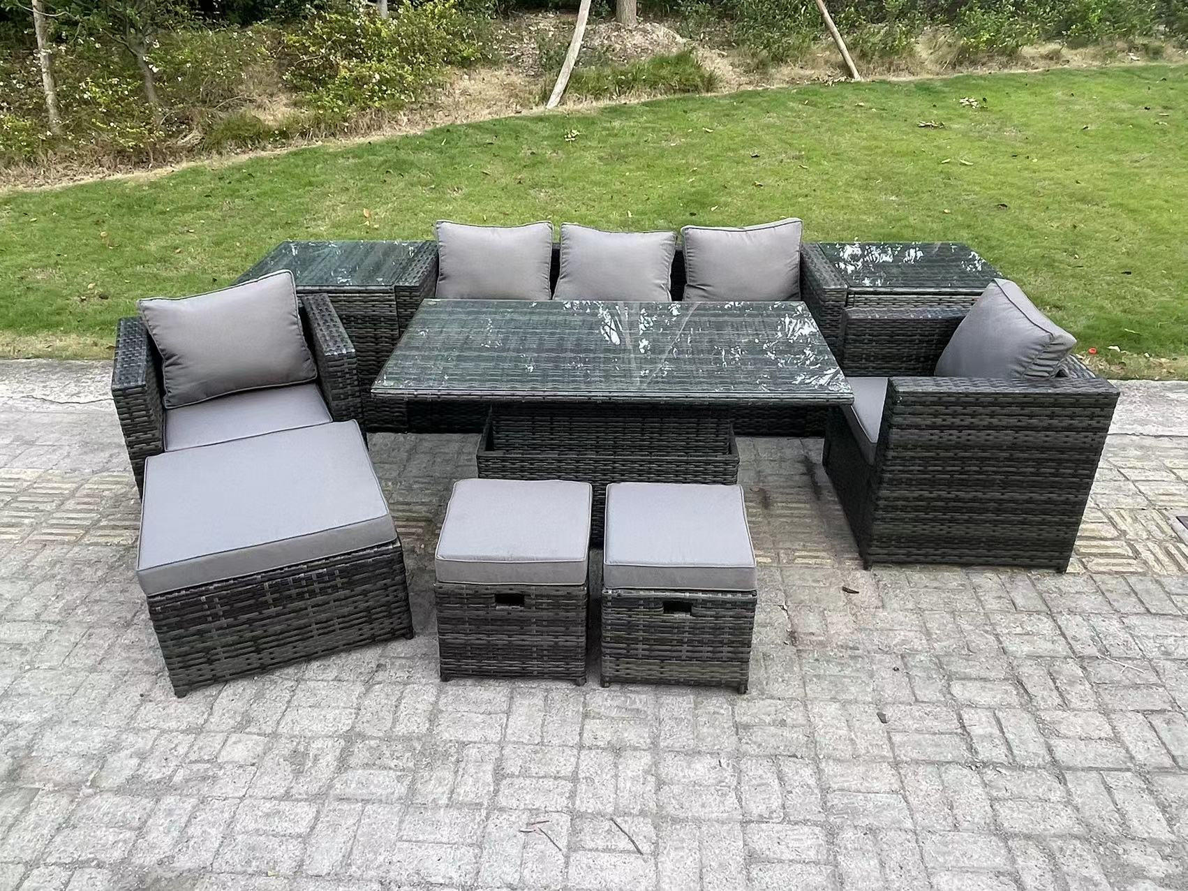 GARTENTISCHGRUPPE Polyrattan 8-Sitzer - Dunkelgrau/Grau, Glas/Kunststoff - Fimous