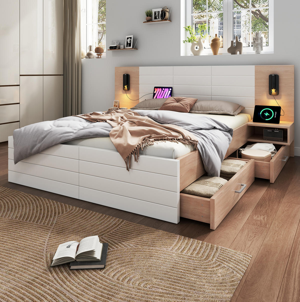 BETT 180/200 cm in Weiß/Eiche mit USB-Anschluss, Leselicht und 2 Schubladen - Weiß, Holzwerkstoff (180/200cm) - Flora Grace