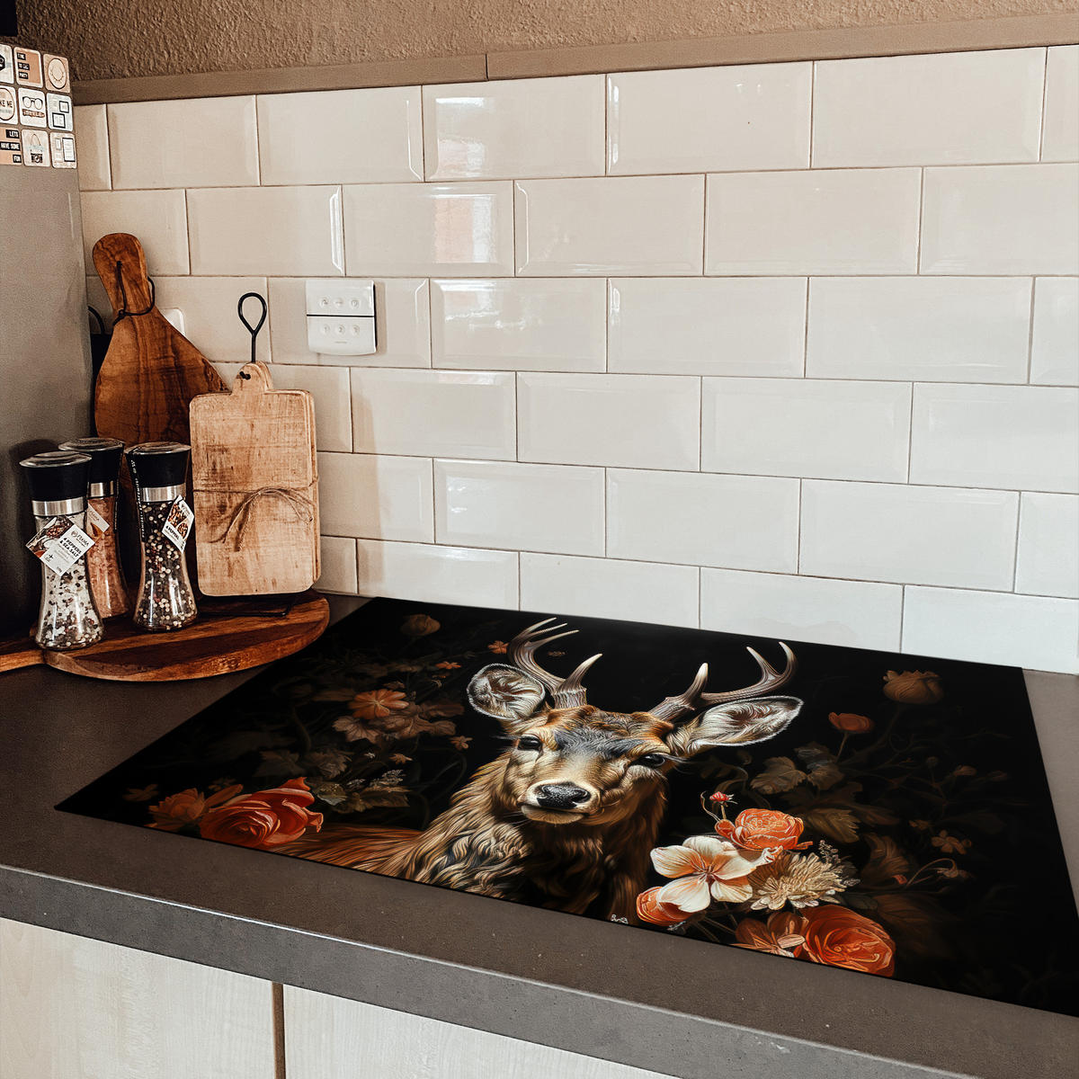 HERDABDECKPLATTE Hirsch - Tier - Blumen - Natur - Botanisch 77x51 cm - Kupferfarben, Kunststoff (77/51/0.2cm) - MuchoWow