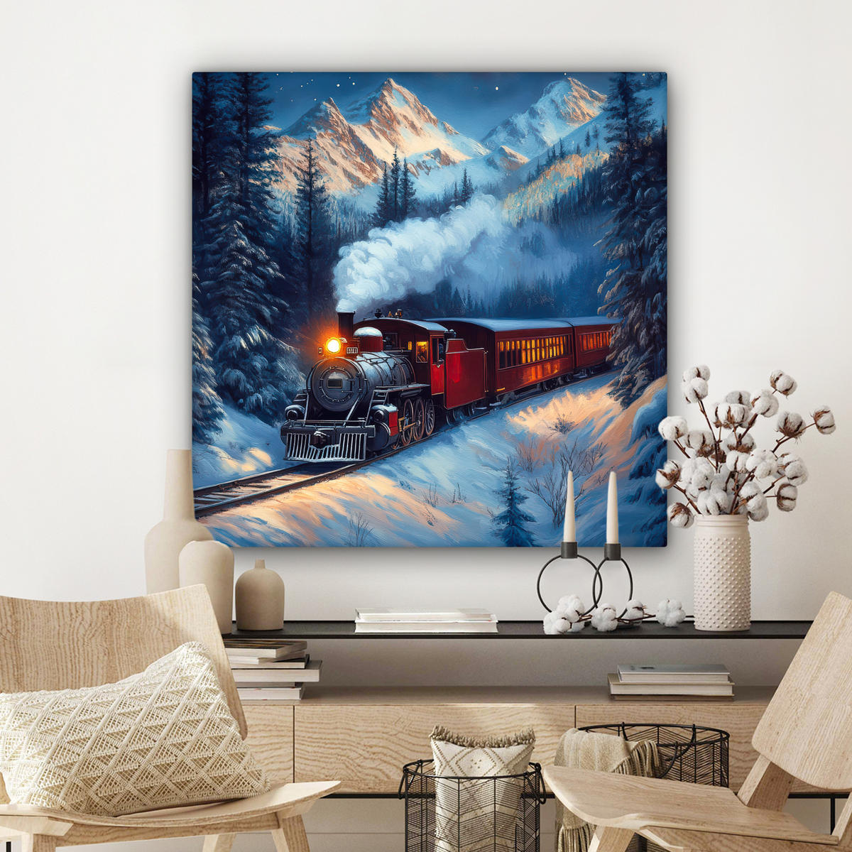 LEINWANDBILD Zug - Weihnachten - Schnee - Weihnachtszug 90x90 cm - Anthrazit, Textil (90/90cm) - MuchoWow