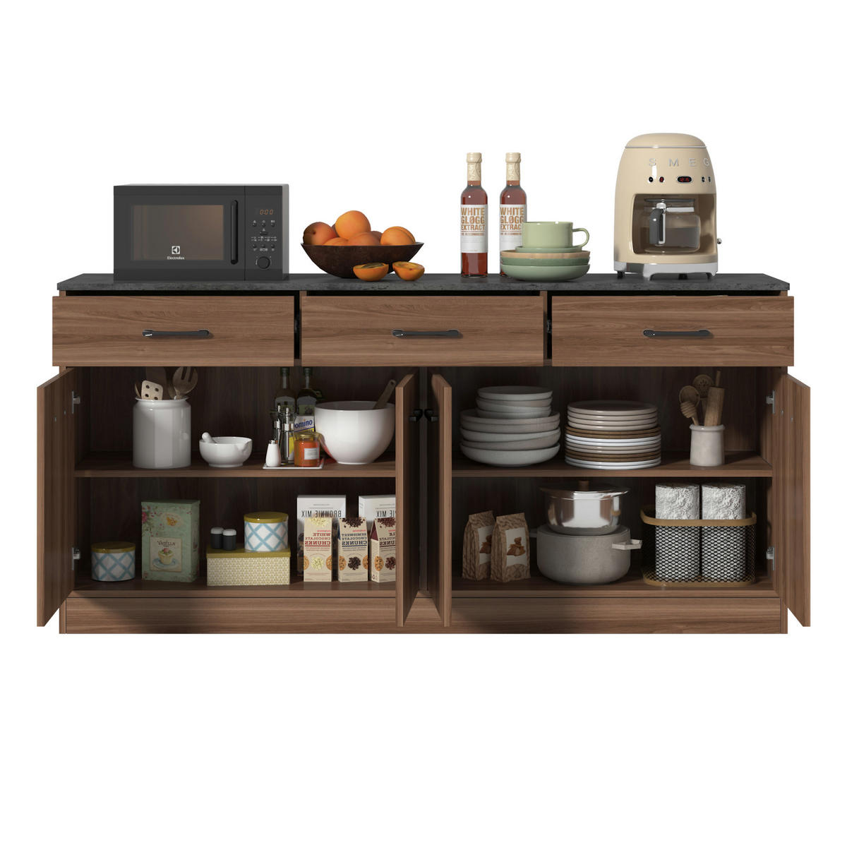 SIDEBOARD 160 x 37 x 76,5 cm in Walnuss-Optik mit 3 Schubladen und Stauraum - Walnussfarben, Holzwerkstoff (160/76.5/37cm) - BEAOK