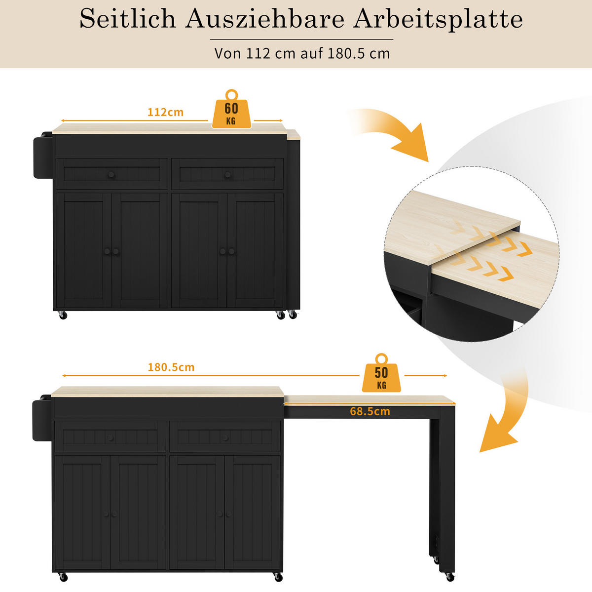 KÜCHENINSEL mit ausziehbarer Arbeitsplatte 112-180,5 cm MDF Black/Natural - Schwarz, Holz (45/92.2/180.5cm) - Beauniv