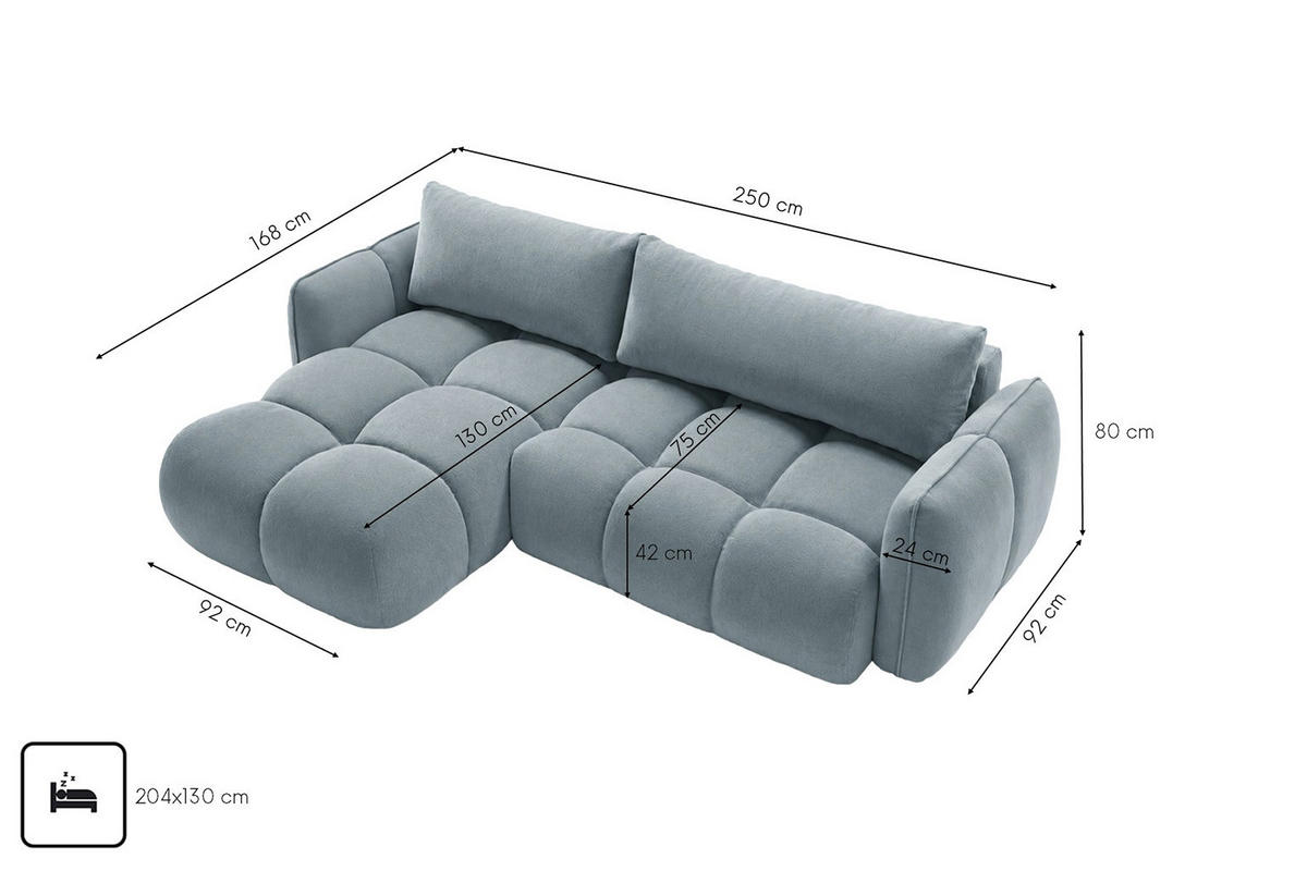 ECKSOFA L-Form Mit Schlaffunktion, Veloursstoff Bluvel, Blaugrau, Links, BELVEDER L - Blaugrau, Holz (250/168cm) - Kaiser Möbel