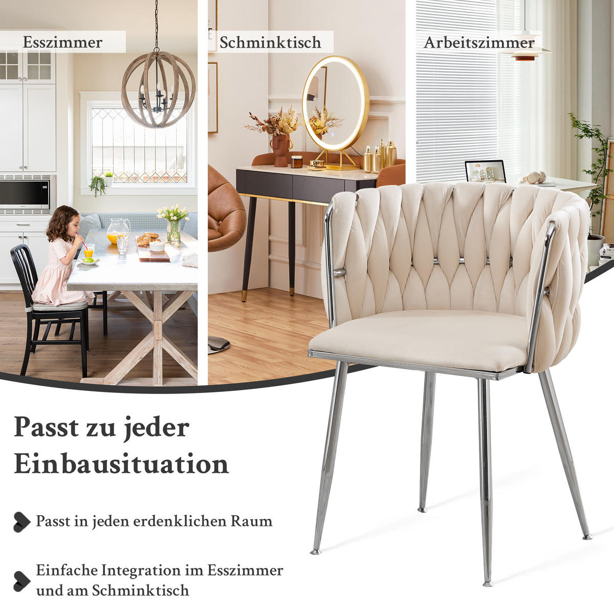 ARMLEHNSTUHL-SET DE-36443 2 Stück mit Samtbezug und Web-Design Elfenbein - Creme, Metall (48/75/55cm) - ComfortXL