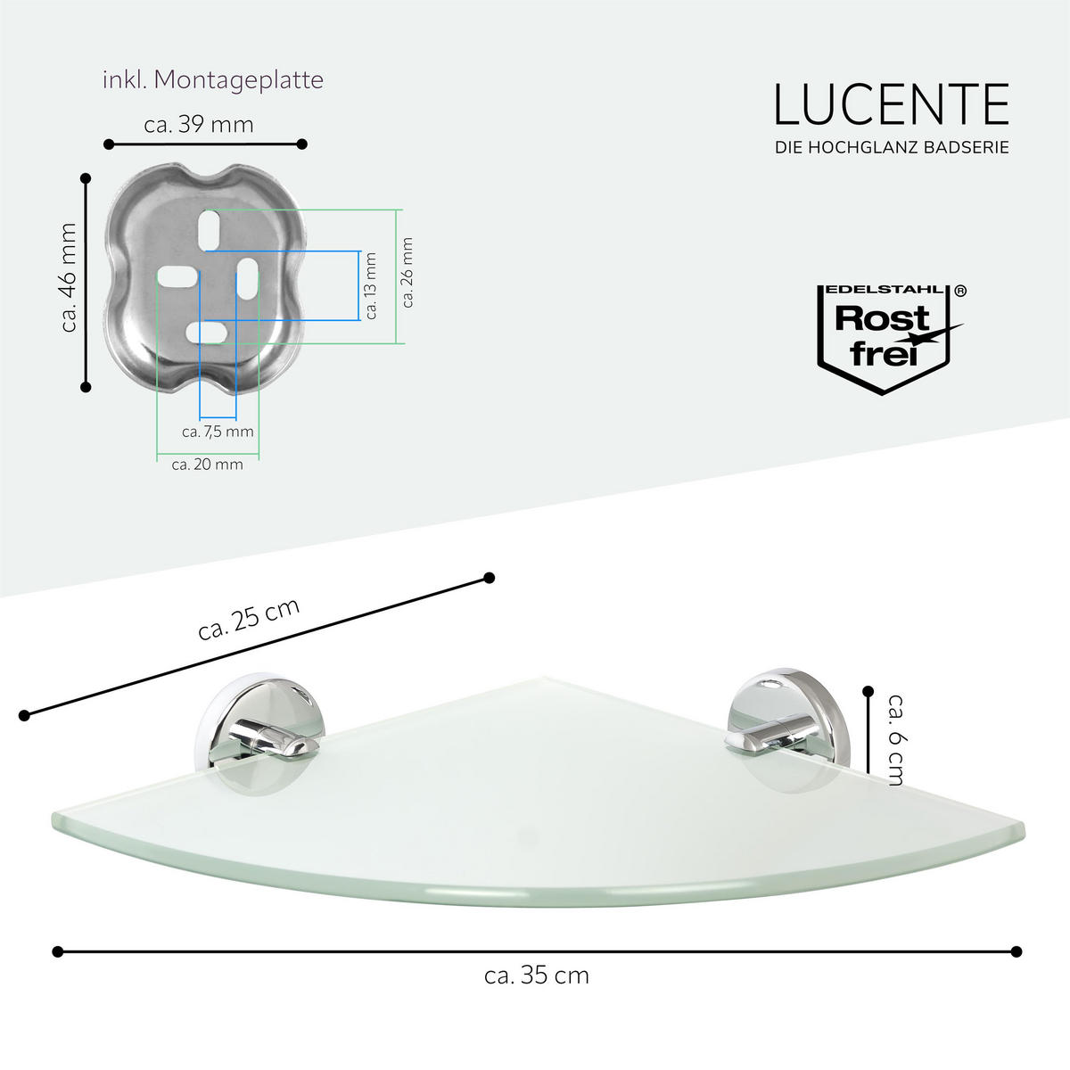 GLASECKABLAGE LUCENTE, Edelstahl verchromt - Chromfarben, Metall (35/6/25cm) - bremermann