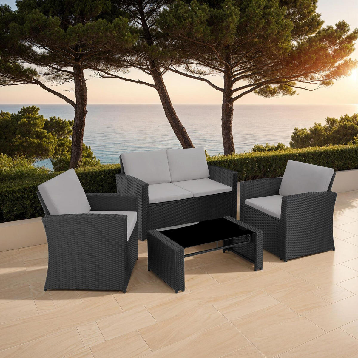 RATTANLOUNGE Jesolo, mit Sicherheitsglasplatte, schwarz/grau - Schwarz/Grau, Kunststoff - tectake