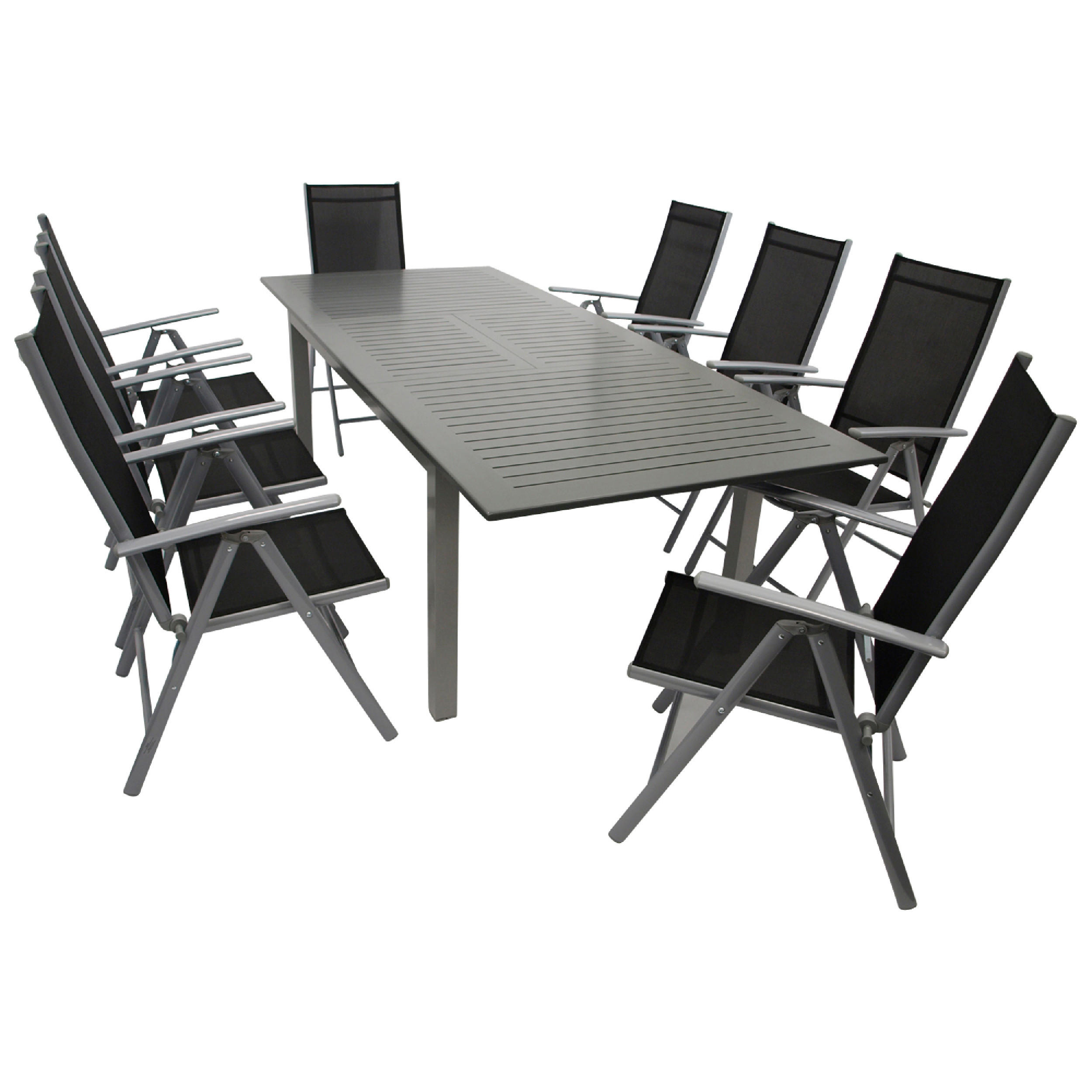 GARTEN-GARNITUR Ashford - 9-teilige Garten-Essgruppe (8x Klappsessel mit Aluminiumgestell grau, Bespannung Textilene schwarz - Schwarz, Metall - TPFGarden
