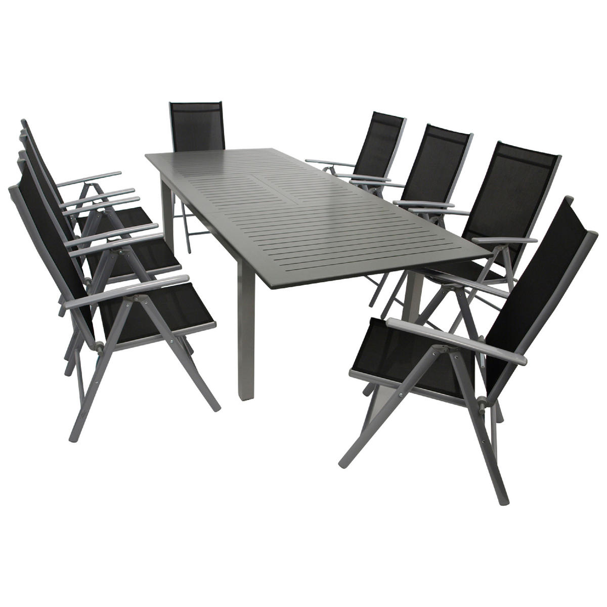 GARTEN-GARNITUR Ashford - 9-teilige Garten-Essgruppe (8x Klappsessel mit Aluminiumgestell grau, Bespannung Textilene schwarz - Schwarz, Metall - TPFGarden