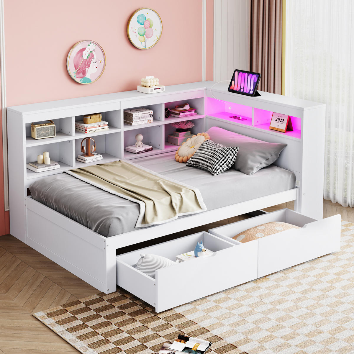 BETT Massivholzsofa 90/200 cm Weiß mit USB- und Steckdose und LED-Beleuchtung - Weiß, Holzwerkstoff (90/200cm) - OKWISH