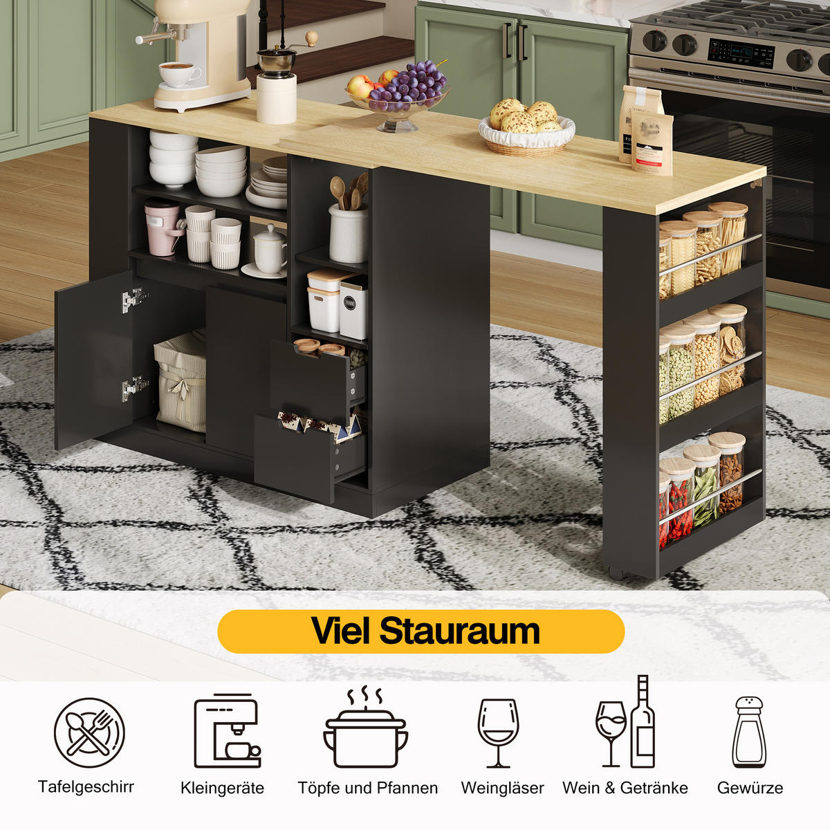 KÜCHENINSEL 115x50x92cm Schwarz mit drehbarer Ausziehplatte & Gewürzregal - Schwarz, Holzwerkstoff (115/92/50cm) - Modfu