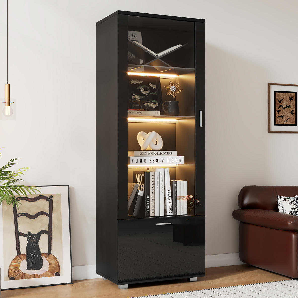 VITRINE Schwarz Hochglanz mit Acryltür und LED - Schwarz, Holzwerkstoff (40/160/50cm) - FLIEKS