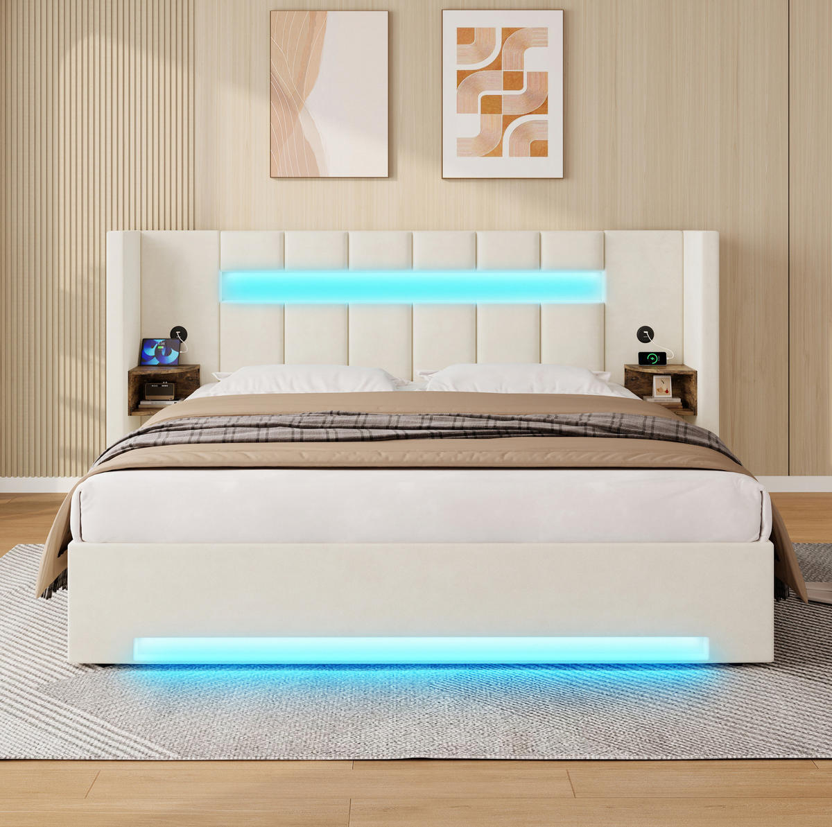 POLSTERBETT 180/200 cm mit USB-Anschlüssen, LED-Beleuchtung, Hydraulik-Stauraum und Retro-Schränken, Beige - Beige, Textil (180/200cm) - Redom
