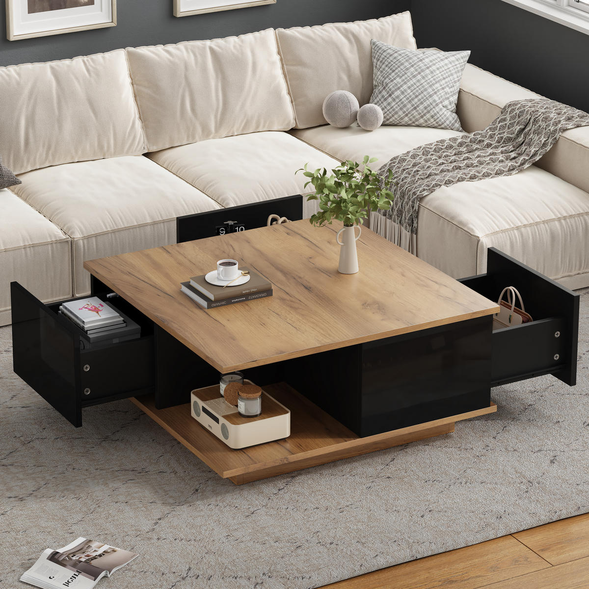 COUCHTISCH 70x70x31.5cm Schwarz Holzfarbe mit 3 Schubl. - Walnussfarben/Schwarz, Holzwerkstoff (70/70/31.5cm) - FLIEKS