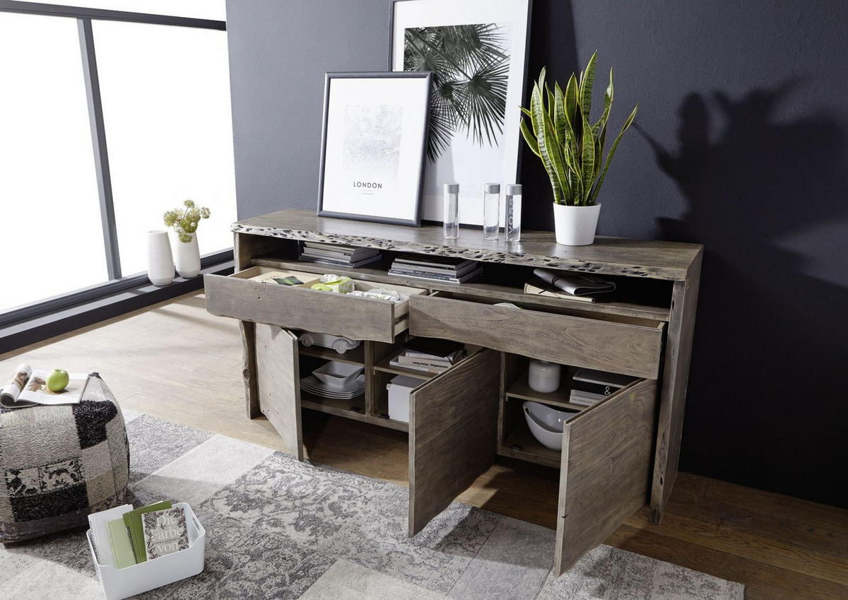 SIDEBOARD Akazie 191x45x96 grau lackiert PURE ACACIA #402 - Grau, Holzwerkstoff (191/96/45cm) - Massivmoebel24