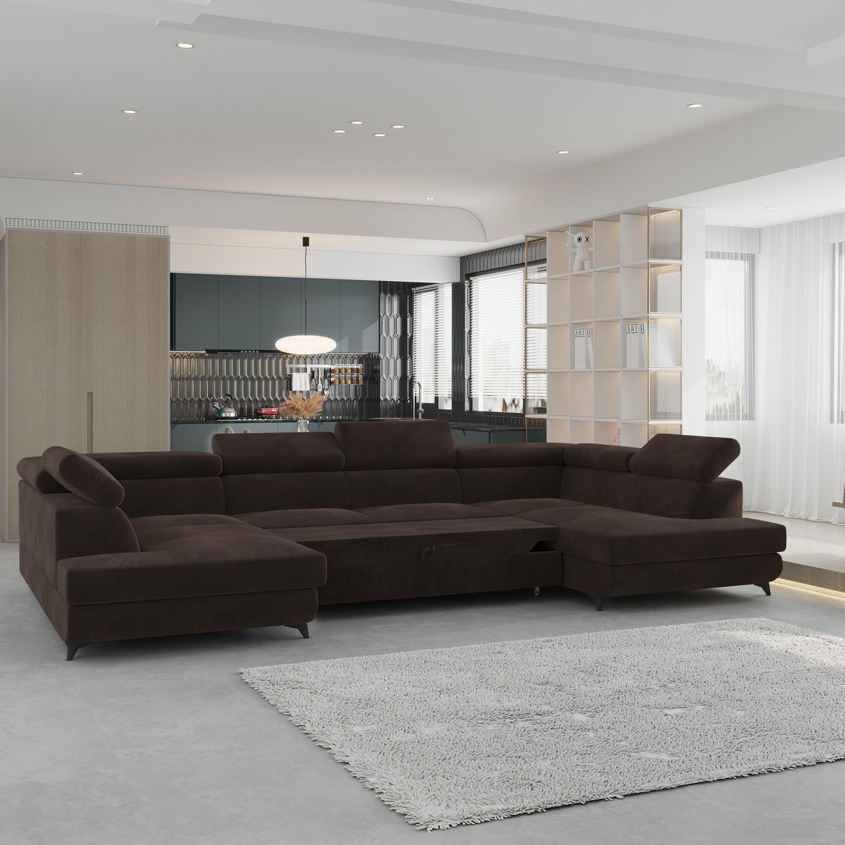 WOHNLANDSCHAFT VINTESSA Braun Velours-Stoff mit Schlaffunktion - Braun, Holz (323/89/190cm) - MASSENO