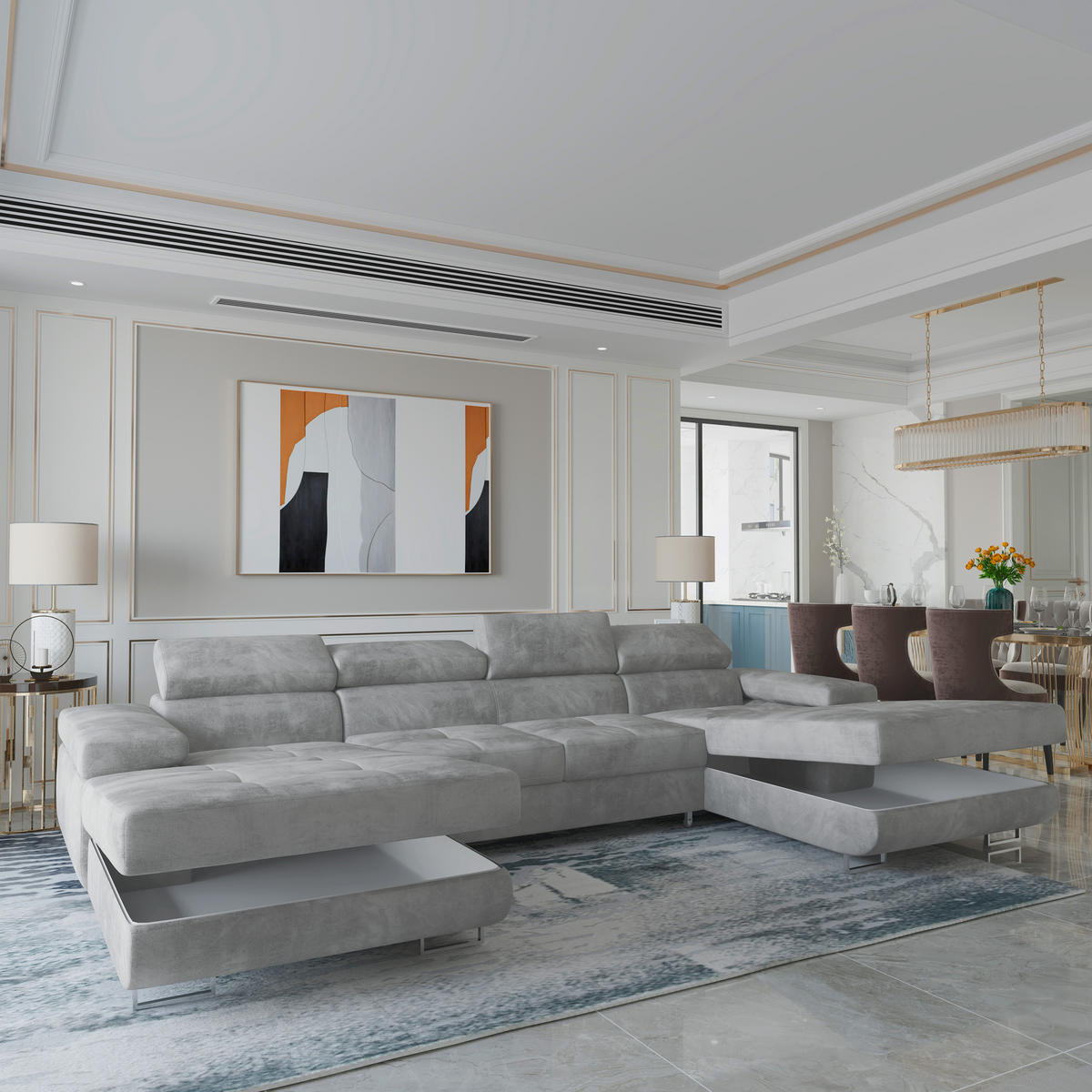 WOHNLANDSCHAFT LYKKE Hellgrau Velours-Stoff mit Schlaffunktion - Hellgrau, Holz (353/90/202cm) - MASSENO