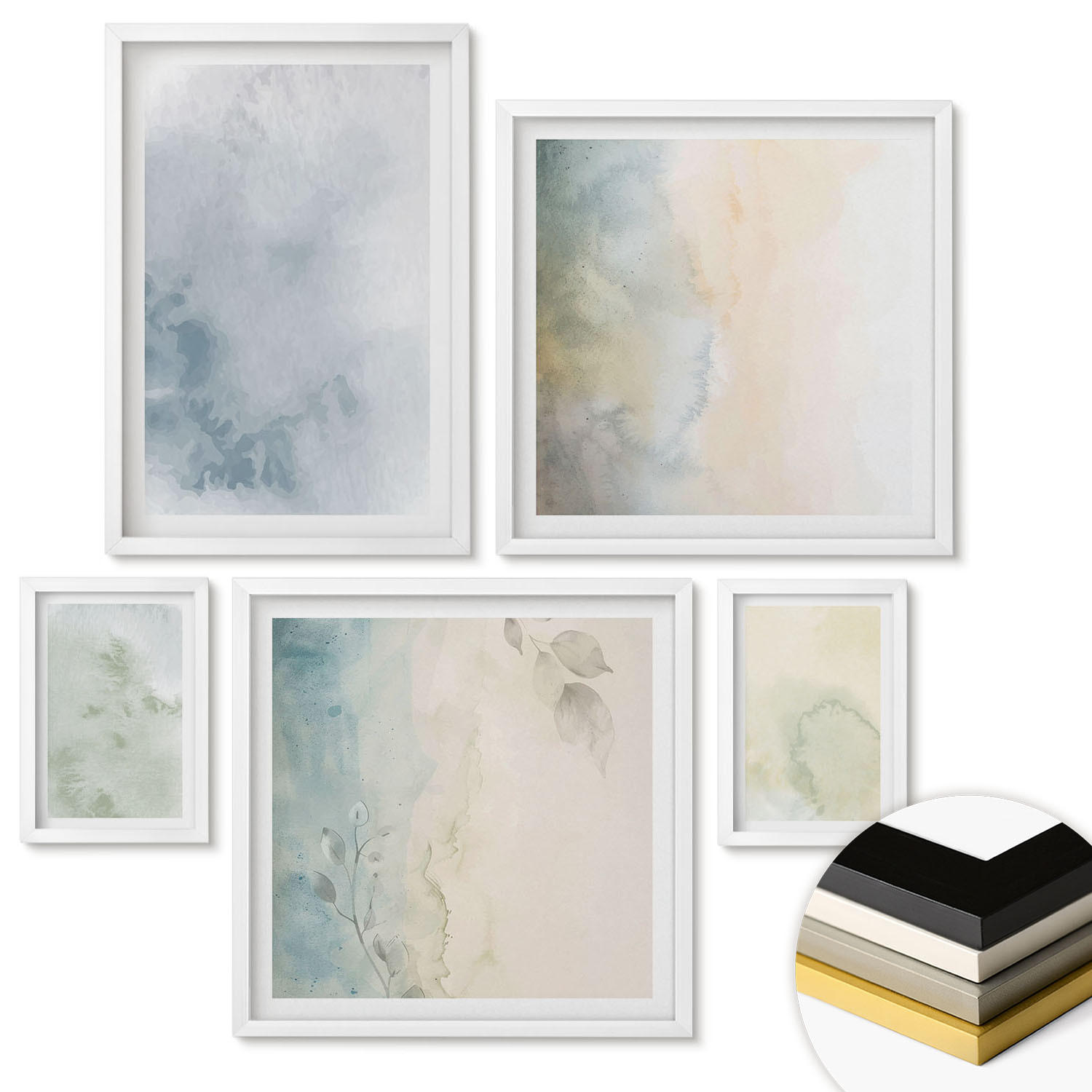 WANDBILDER 5er-Set - 50x50 cm & 20x30 cm & 40x60 cm Weißer Rahmen - Pastellfarbene Aquarell-Leinwandtextur - Weiß, Kunststoff (40/60cm) - ArtPrintCave