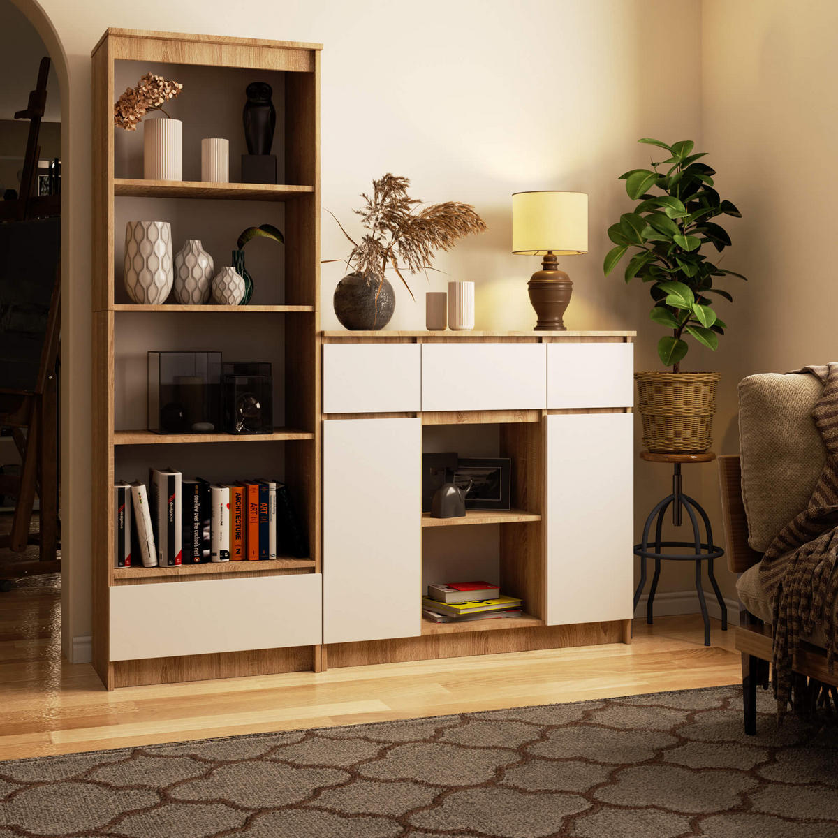 KOMMODE Sonoma Eiche, Weiß 35x101x98 cm - Weiß/Sonoma Eiche, Holzwerkstoff (101/98/35cm) - Akord