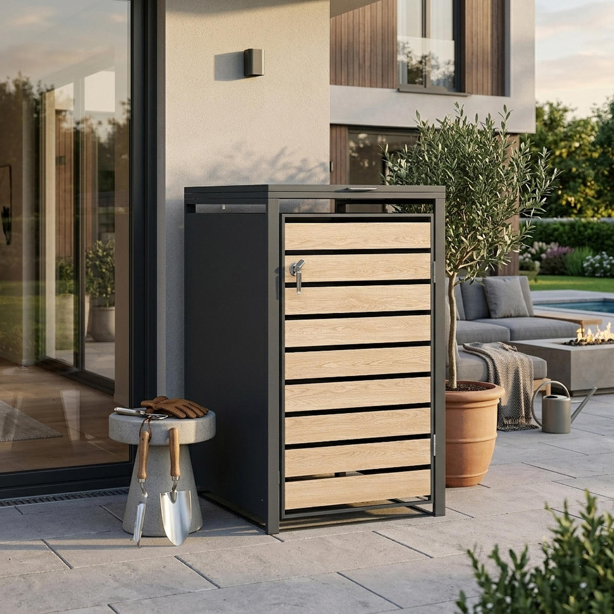 MÜLLTONNENVERKLEIDUNG Liverpool - Mülltonnenbox für 1 - in Holzoptik - , Stahl pulverbeschichtet verzinkt, anthrazit - Grau, Metall (66/116/80cm) - TPFGarden