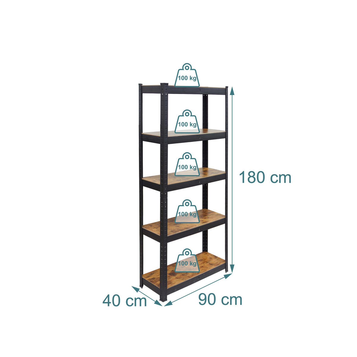 REGAL Crna Smeđa 5-polica 500 kg - višebojno, drvni materijal/metal (90/180/40cm) - Relaxdays